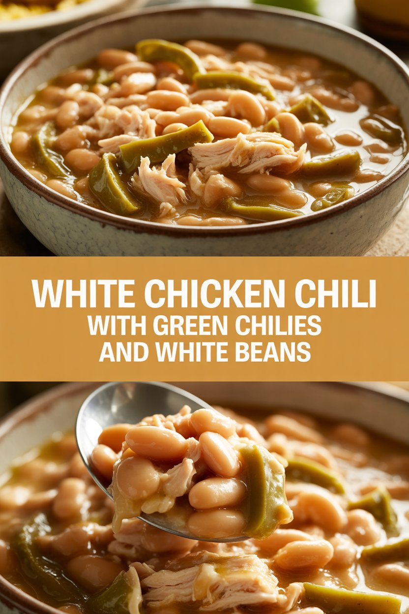 White chicken chili with green chilies and white beans
