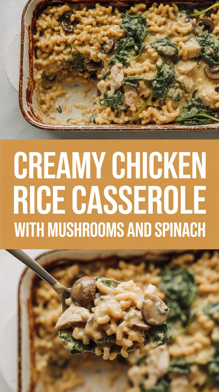 Creamy Chicken Rice Casserole with Mushrooms and Spinach