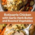 Rotisserie chicken with garlic herb butter and roasted vegetables