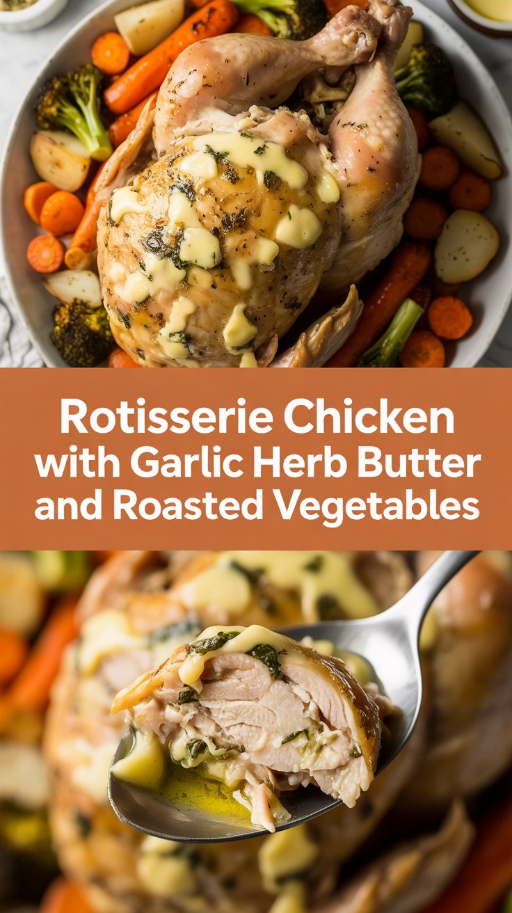 Rotisserie chicken with garlic herb butter and roasted vegetables