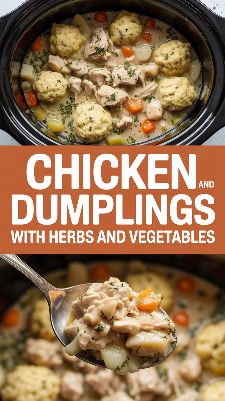 Chicken and dumplings crockpot with herbs and vegetables