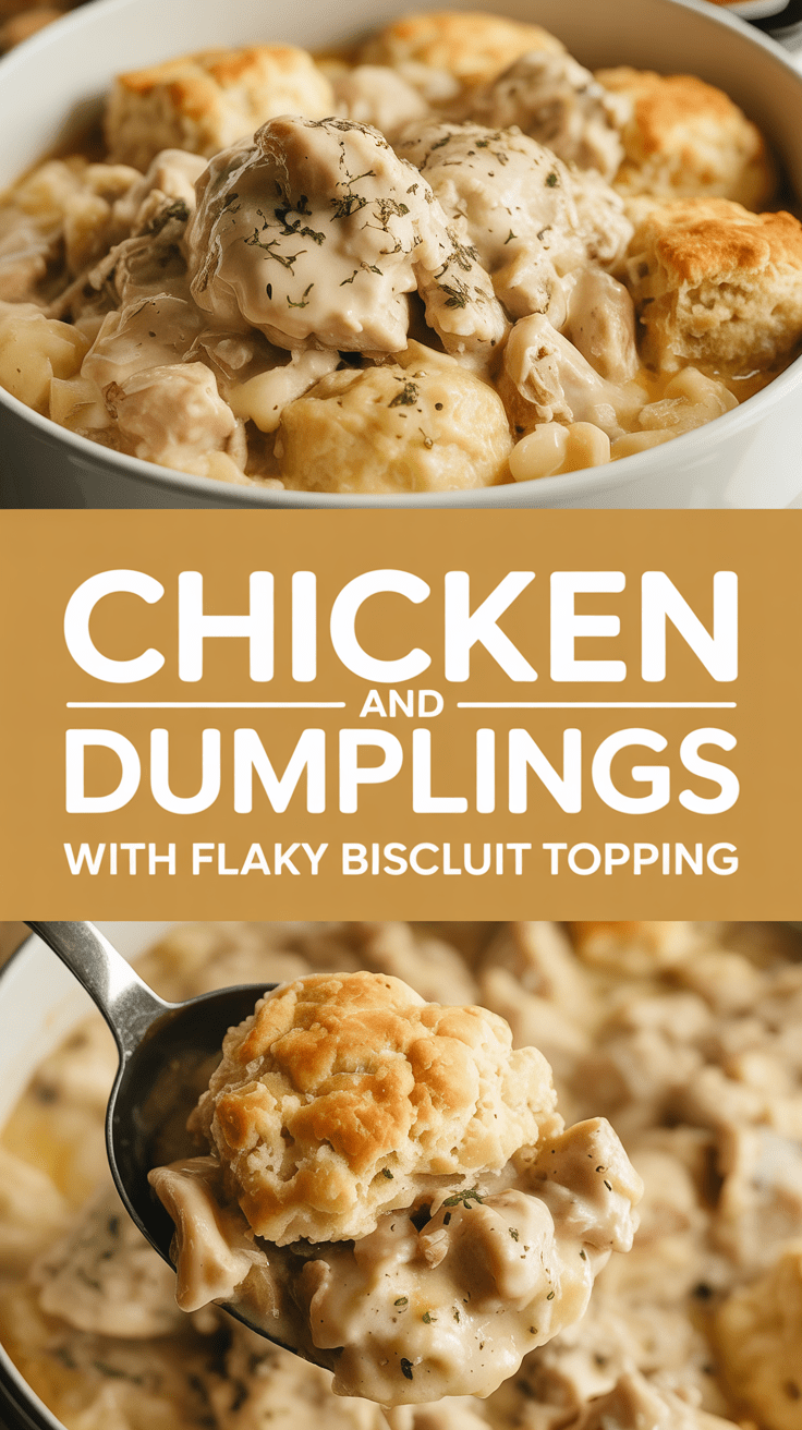 Chicken and dumplings with flaky biscuit topping