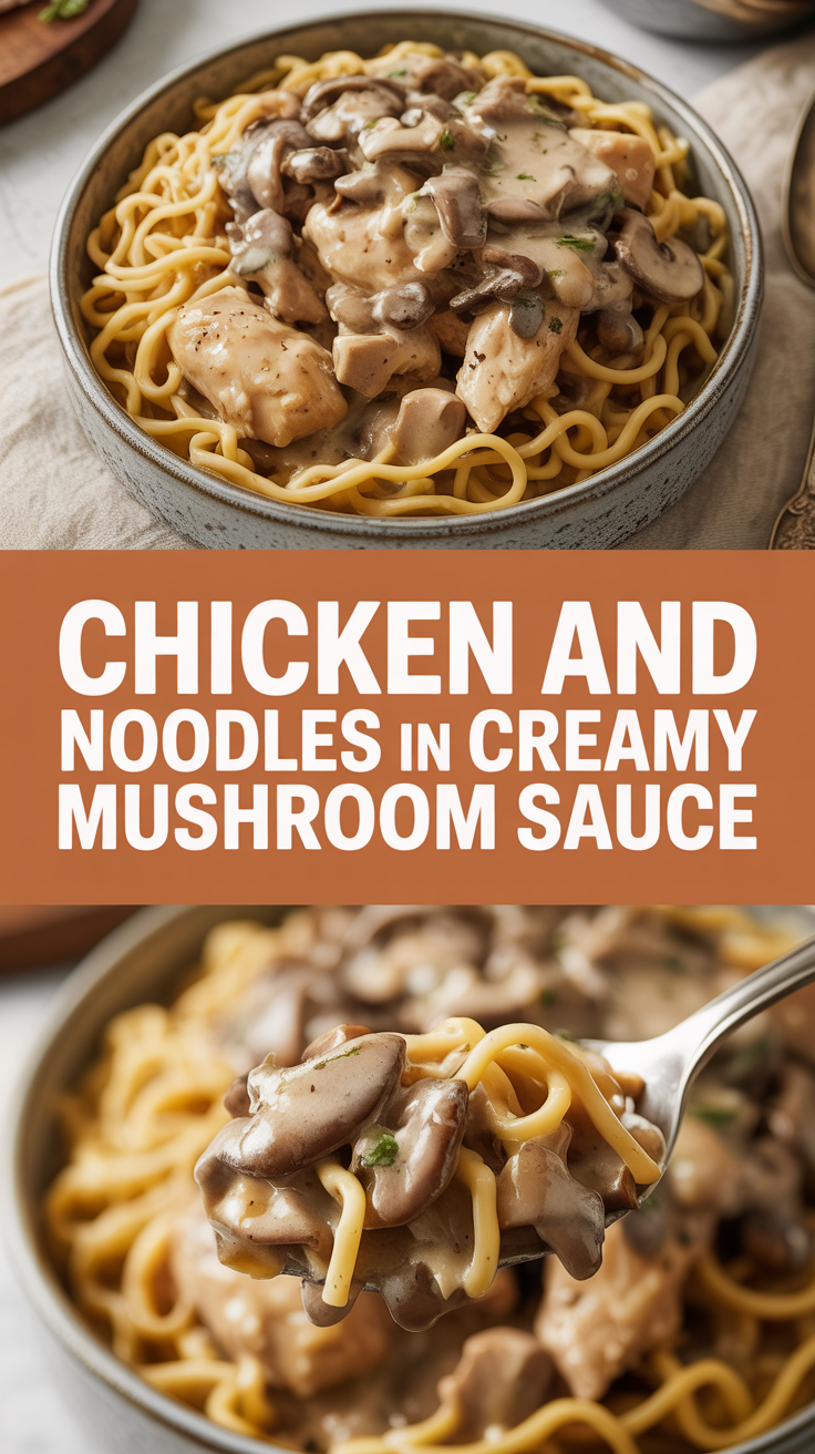 Chicken and noodles in creamy mushroom sauce