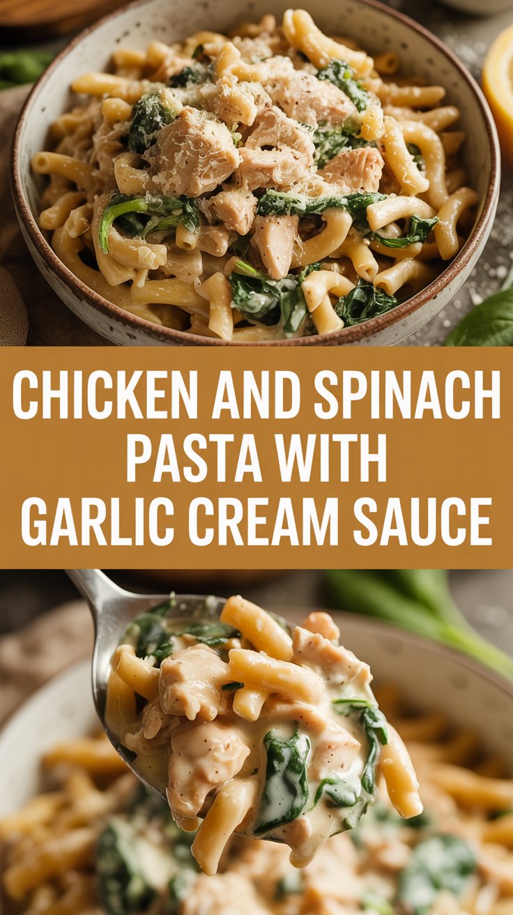 Chicken and spinach pasta with garlic cream sauce