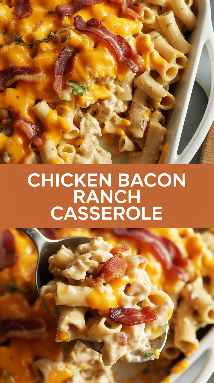 Chicken bacon ranch casserole with pasta and cheddar cheese