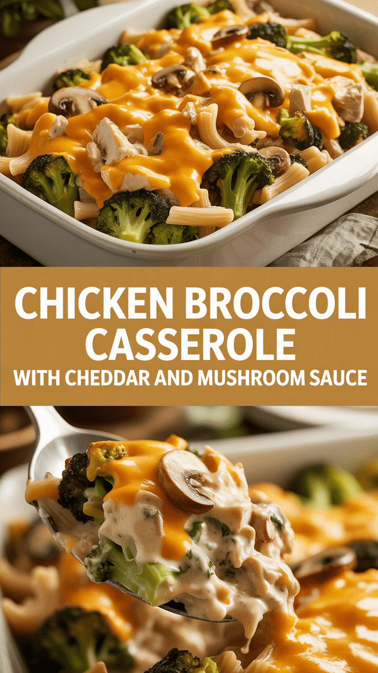 Chicken broccoli casserole with cheddar and mushroom sauce
