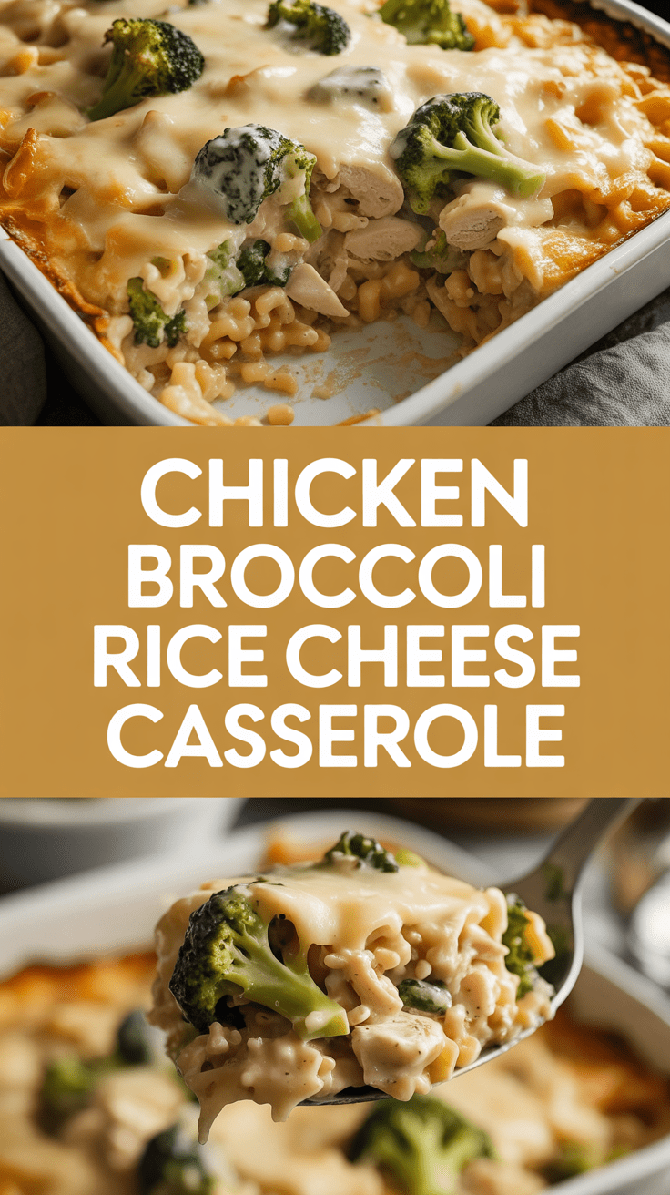 Chicken broccoli rice cheese casserole with creamy mushroom sauce