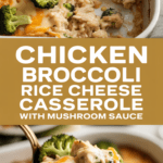 Chicken broccoli rice cheese casserole with mushroom sauce Chicken broccoli rice cheese casserole with mushroom sauce