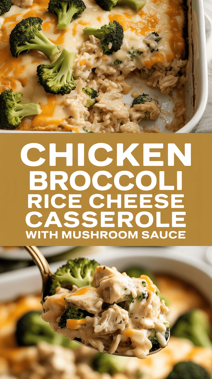 Chicken broccoli rice cheese casserole with mushroom sauce