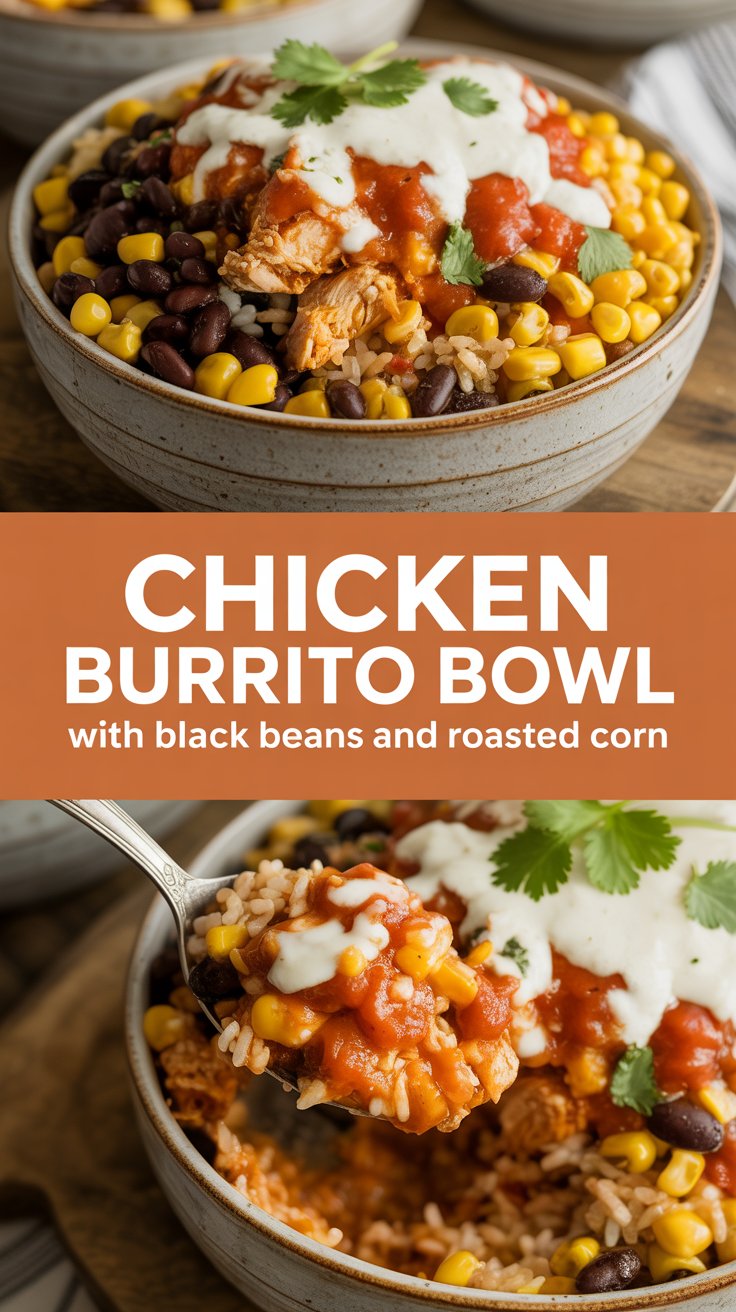 Chicken burrito bowl with black beans and roasted corn