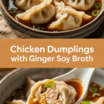 Chicken dumplings with ginger soy broth
