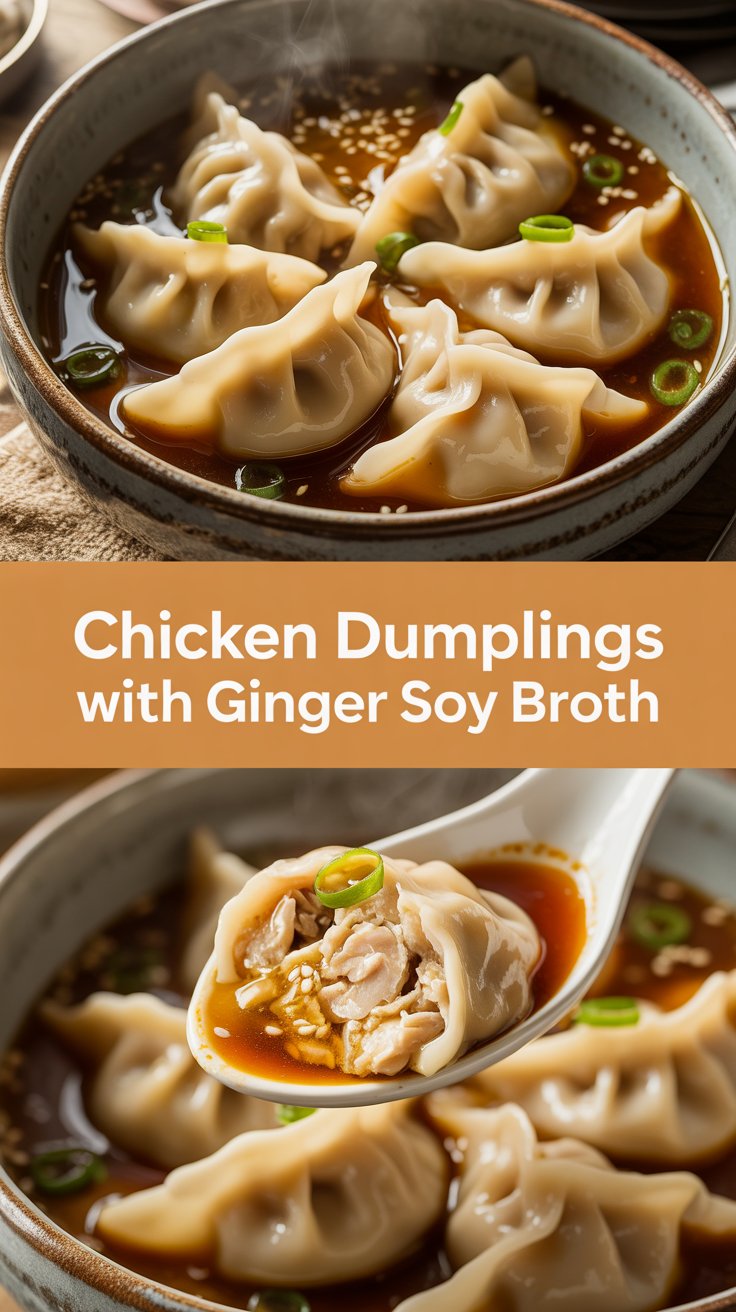 Chicken dumplings with ginger soy broth