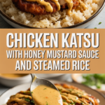 Chicken katsu with honey mustard sauce and steamed rice Chicken katsu with honey mustard sauce and steamed rice