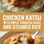 Chicken katsu with simple tonkatsu sauce and steamed rice Chicken katsu with simple tonkatsu sauce and steamed rice