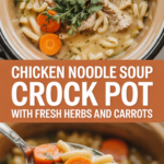 Chicken noodle soup crock pot with fresh herbs and carrots