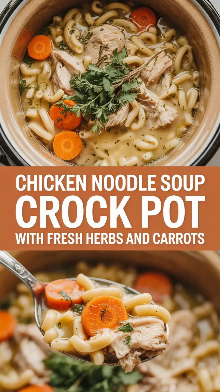 Chicken noodle soup crock pot with fresh herbs and carrots