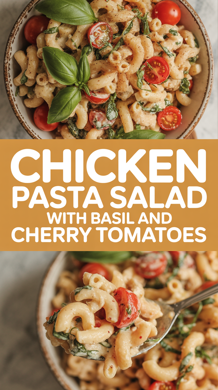 Chicken pasta salad with basil and cherry tomatoes