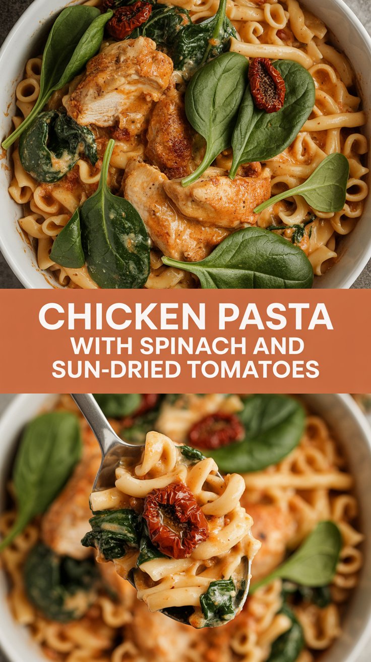 Chicken pasta with spinach and sun-dried tomatoes