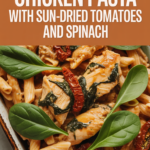 Chicken pasta with sun-dried tomatoes and spinach