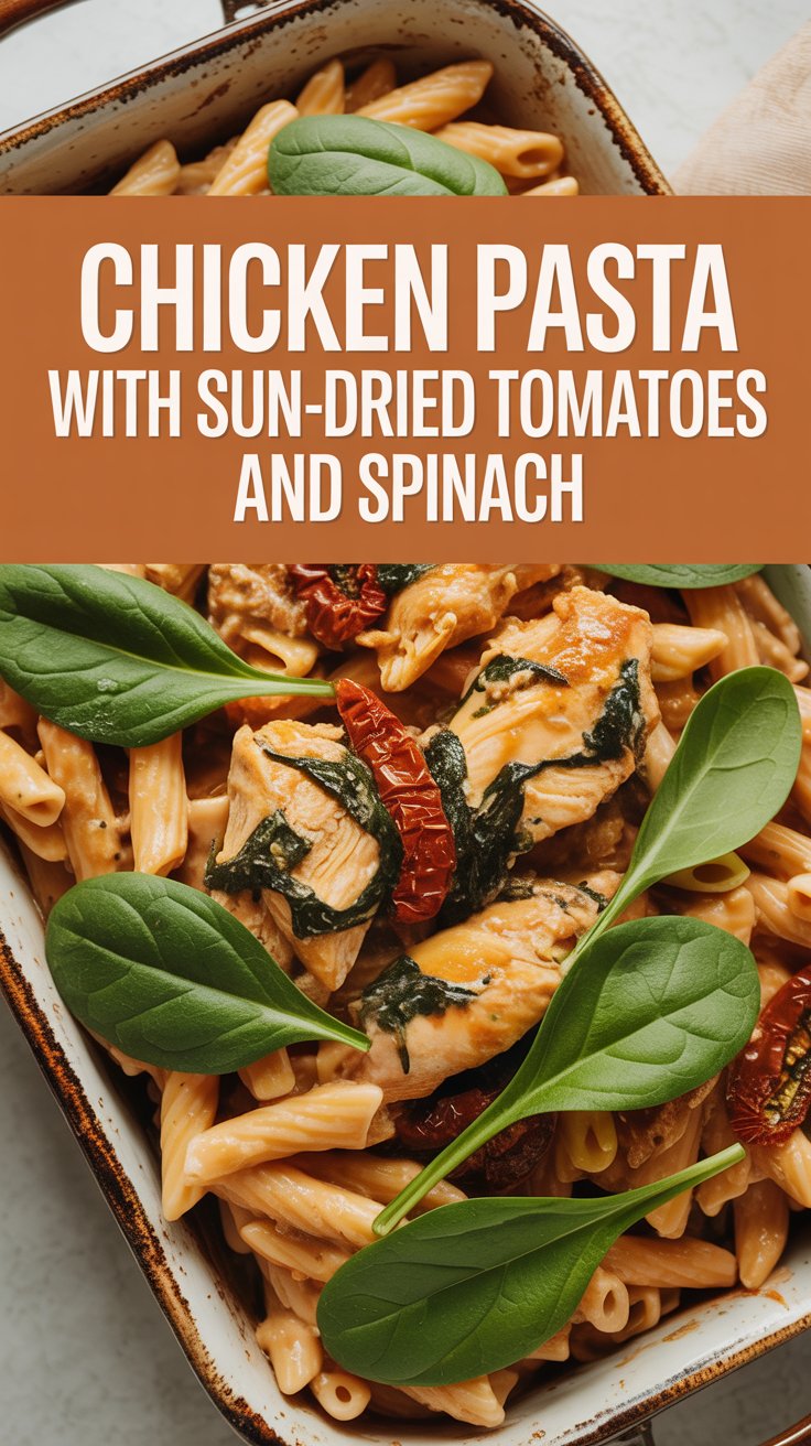 Chicken pasta with sun-dried tomatoes and spinach