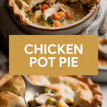 Chicken pot pie topped with flaky biscuit crust Chicken pot pie topped with flaky biscuit crust