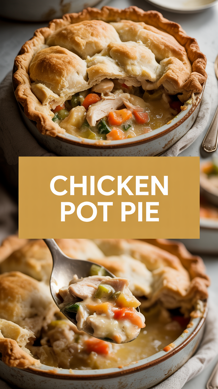 Chicken pot pie topped with flaky biscuit crust