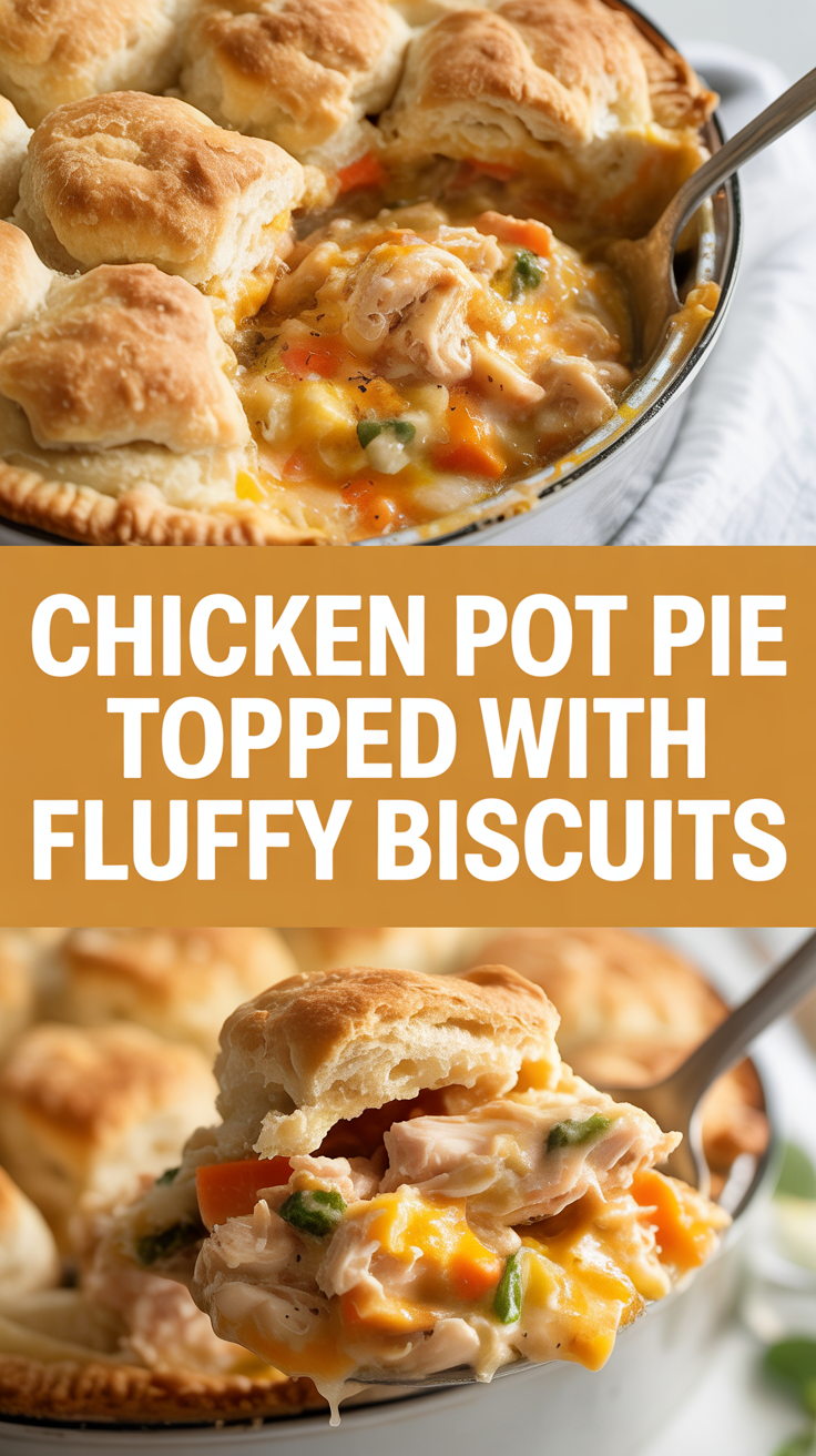 Chicken pot pie topped with fluffy biscuits