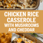 Chicken rice casserole with mushrooms and cheddar