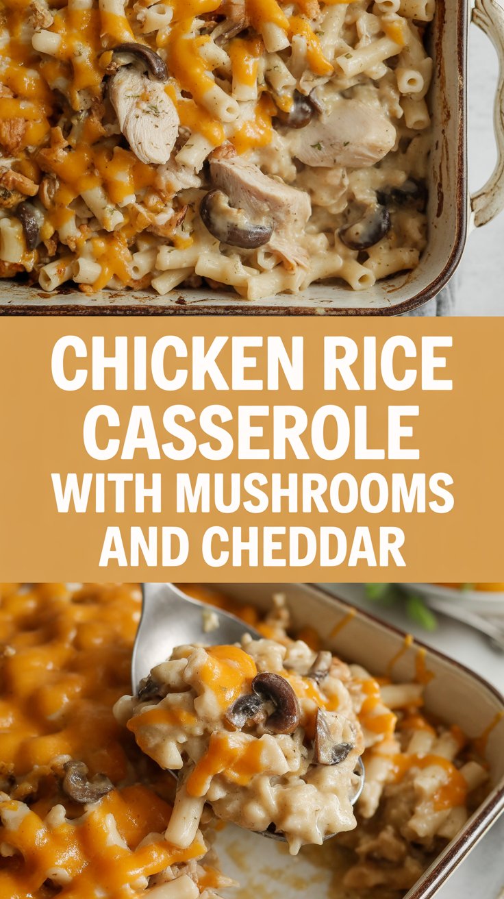 Chicken rice casserole with mushrooms and cheddar
