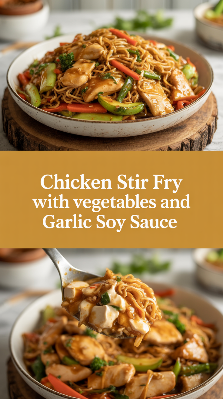 Chicken stir fry with vegetables and garlic soy sauce