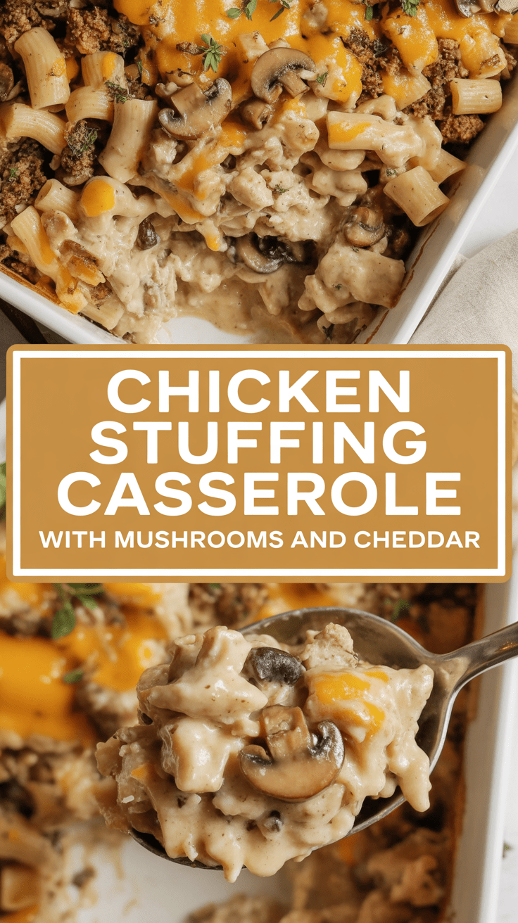 Chicken stuffing casserole with mushrooms and cheddar