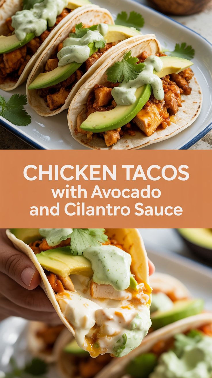 Chicken tacos with avocado and cilantro sauce
