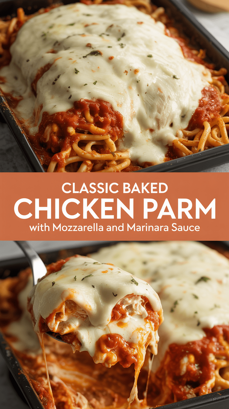 Classic baked chicken parm with mozzarella and marinara sauce