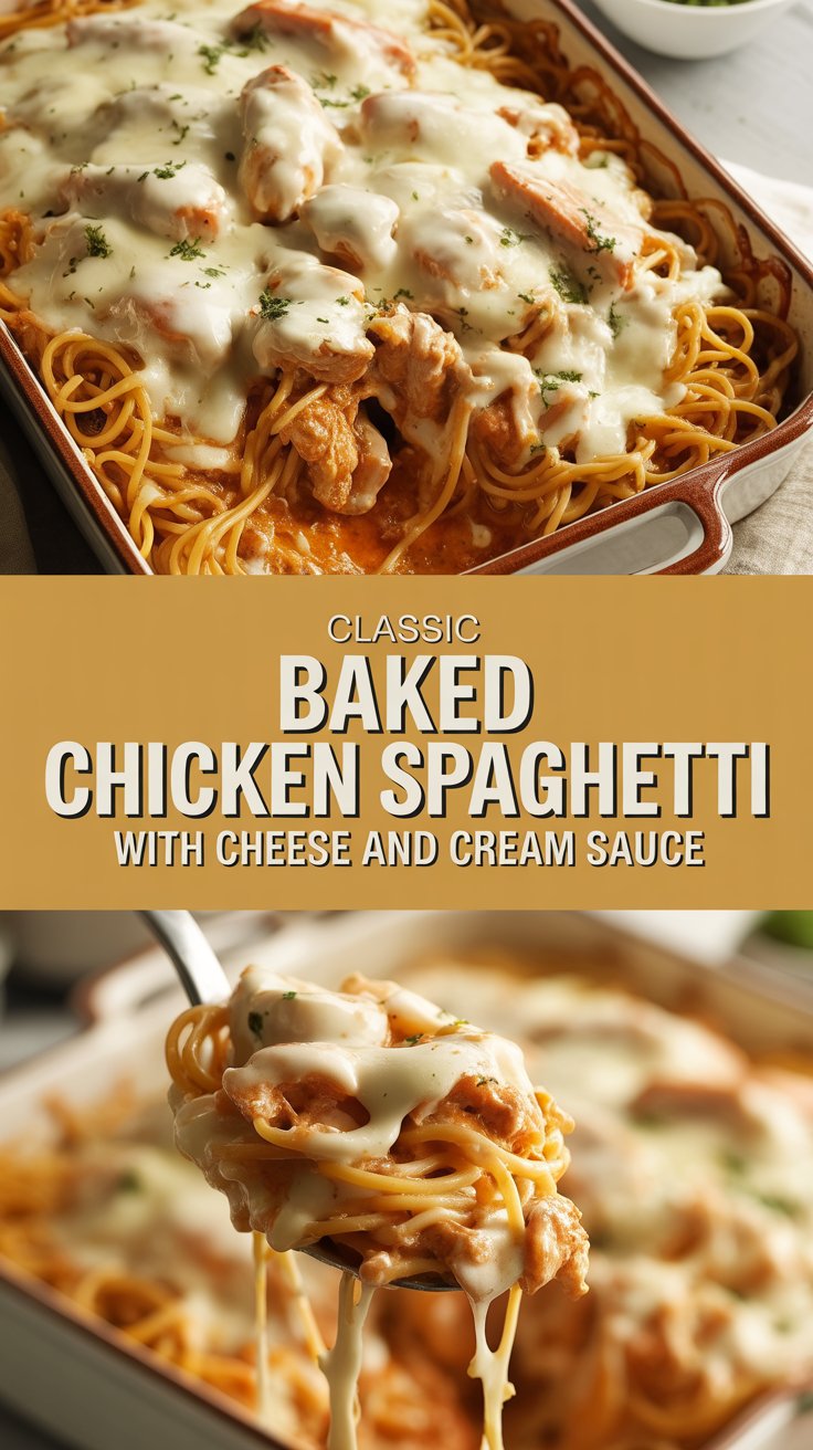 Classic baked chicken spaghetti with cheese and cream sauce