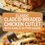 Classic breaded chicken cutlet with garlic butter sauce