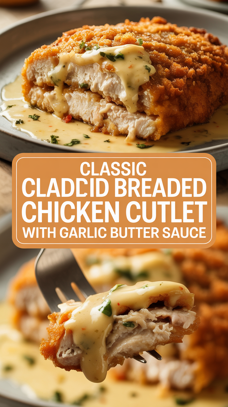 Classic breaded chicken cutlet with garlic butter sauce