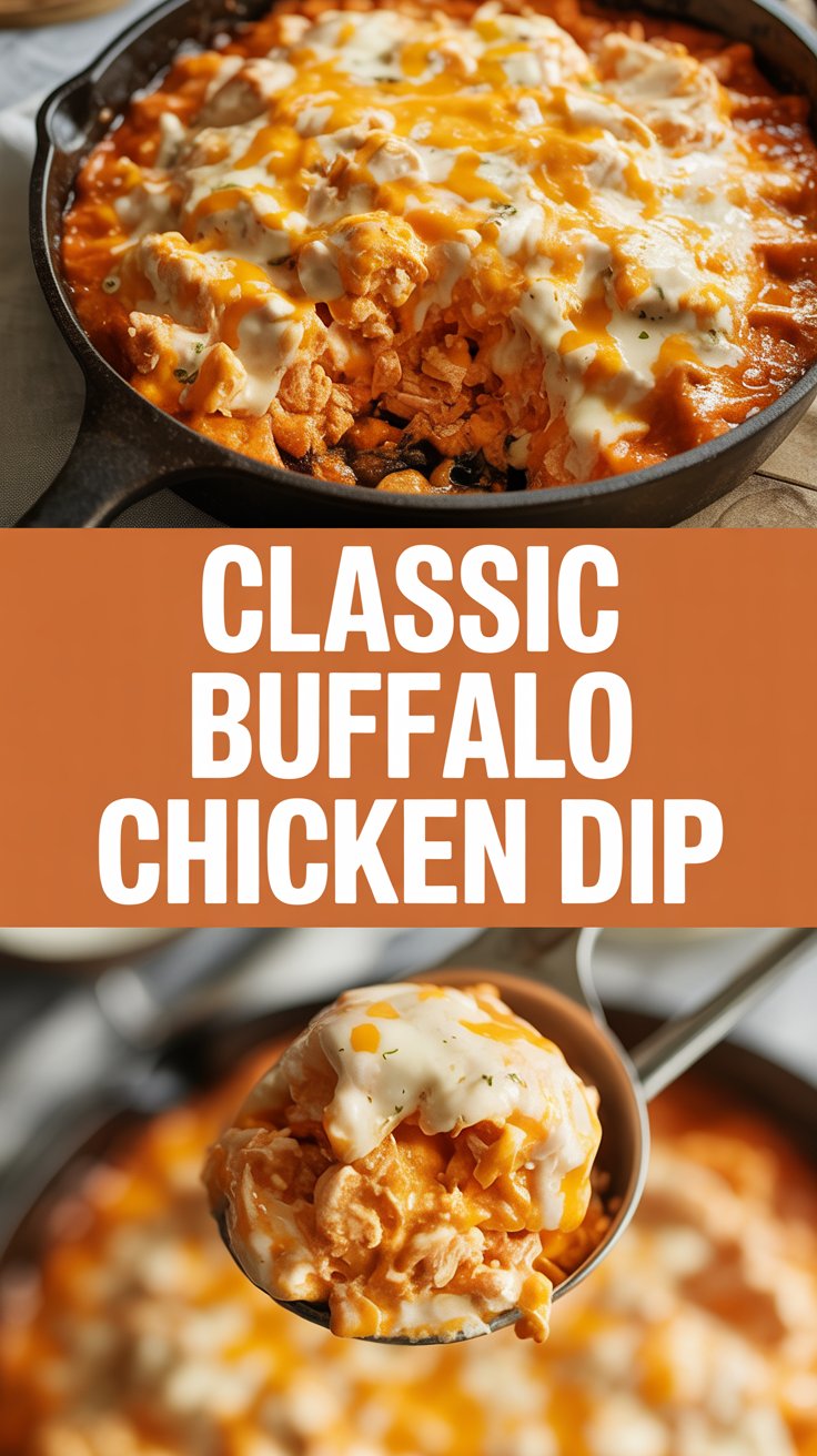Classic buffalo chicken dip with cream cheese and cheddar