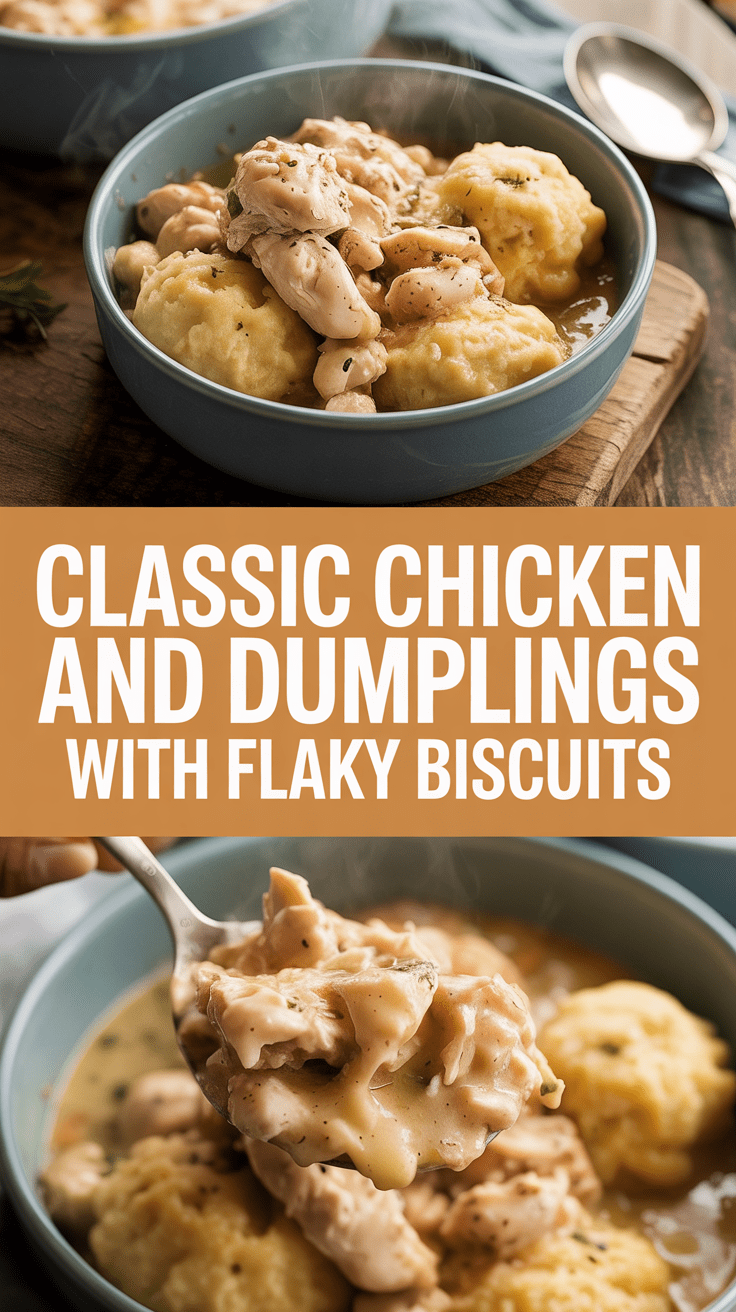 Classic chicken and dumplings with flaky biscuits