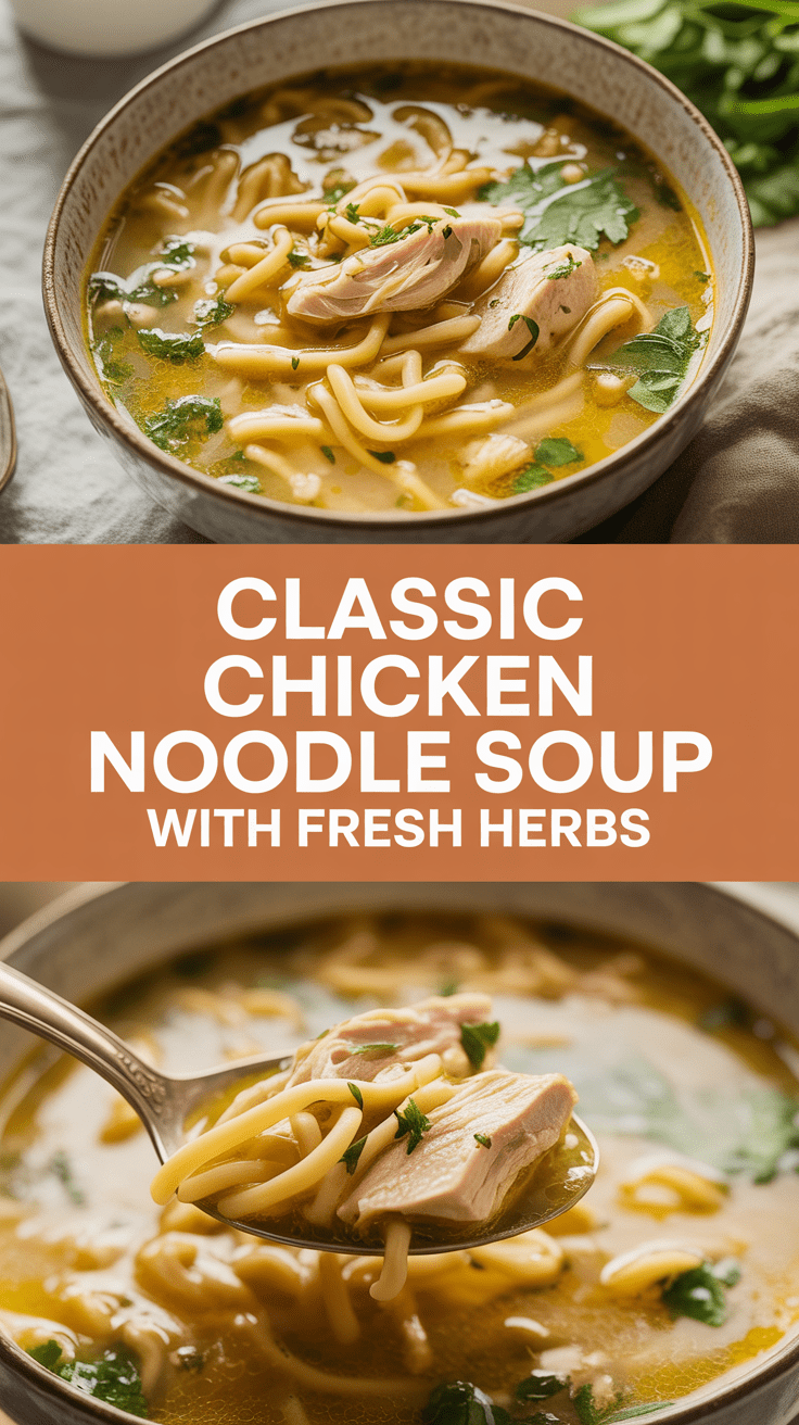 Classic chicken noodle soup with fresh herbs