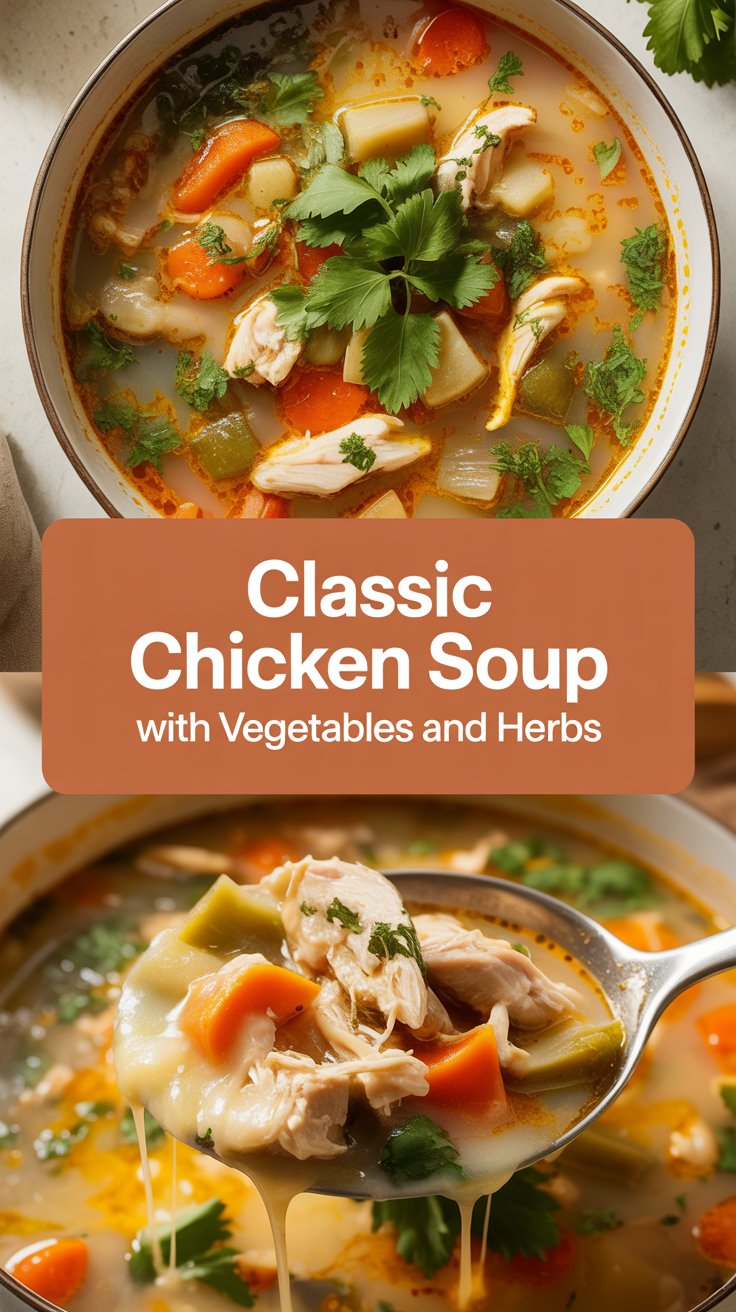 Classic chicken soup with vegetables and herbs