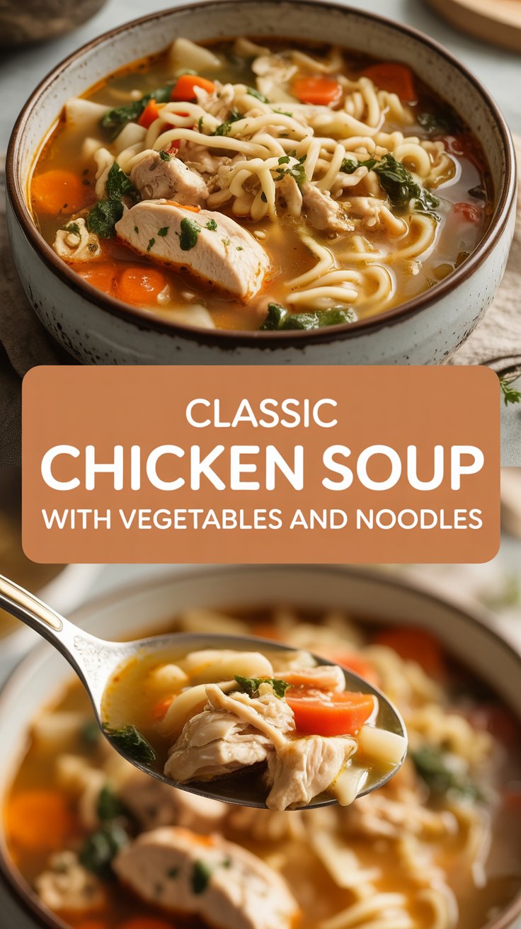 Classic chicken soup with vegetables and noodles