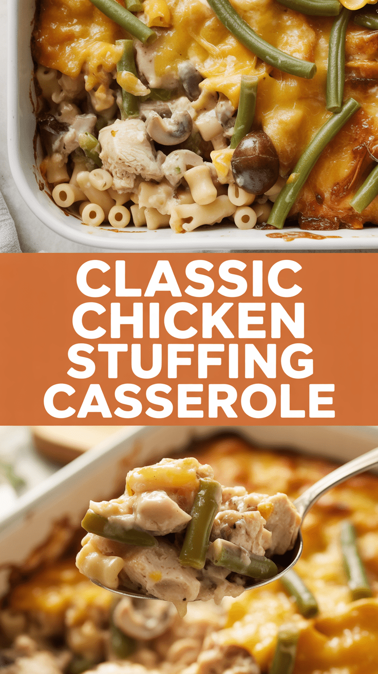 Classic chicken stuffing casserole with green beans and mushrooms