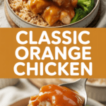 Classic orange chicken with steamed rice and broccoli