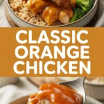 Classic orange chicken with steamed rice and broccoli