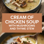 Cream of chicken soup with mushrooms and thyme stew Cream of chicken soup with mushrooms and thyme stew