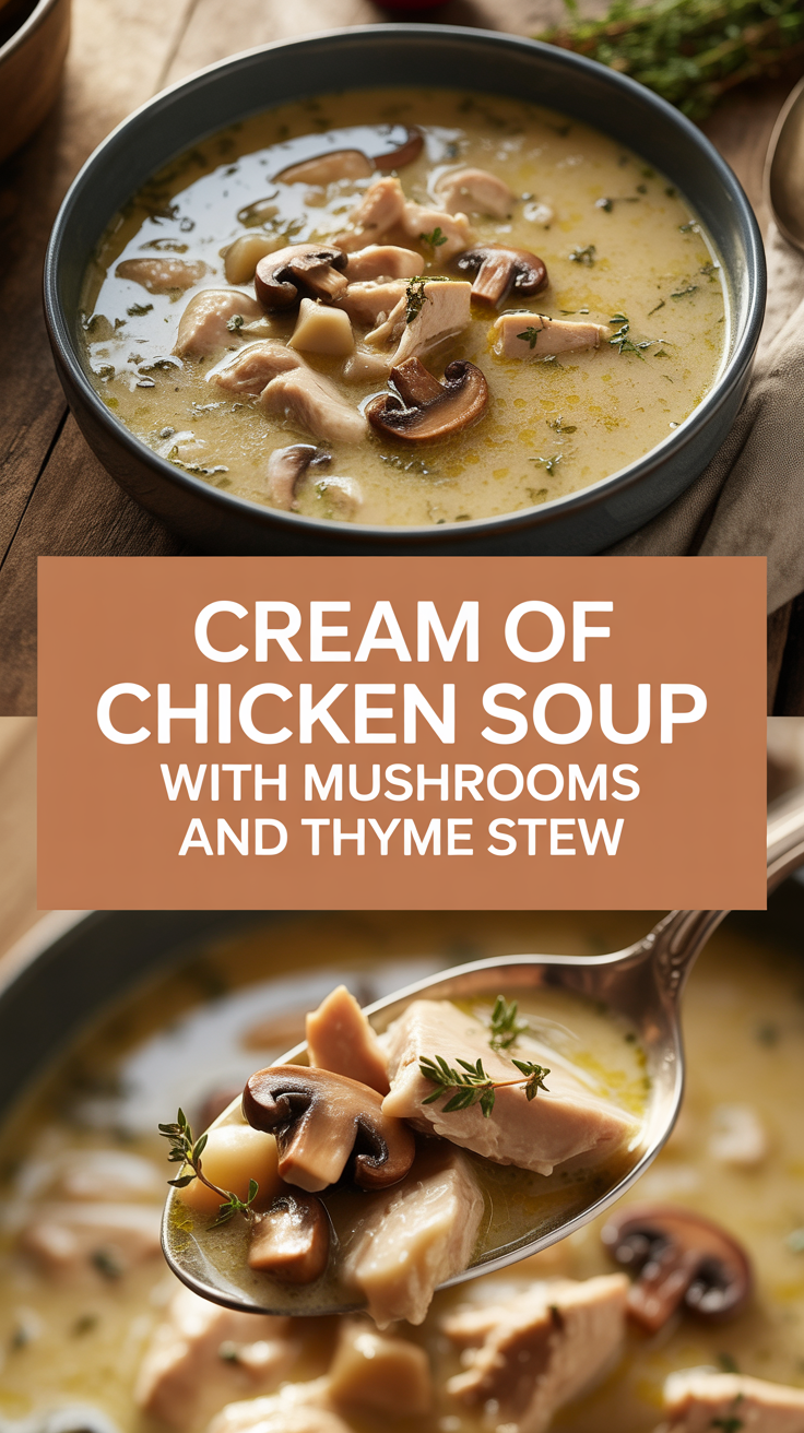 Cream of chicken soup with mushrooms and thyme stew