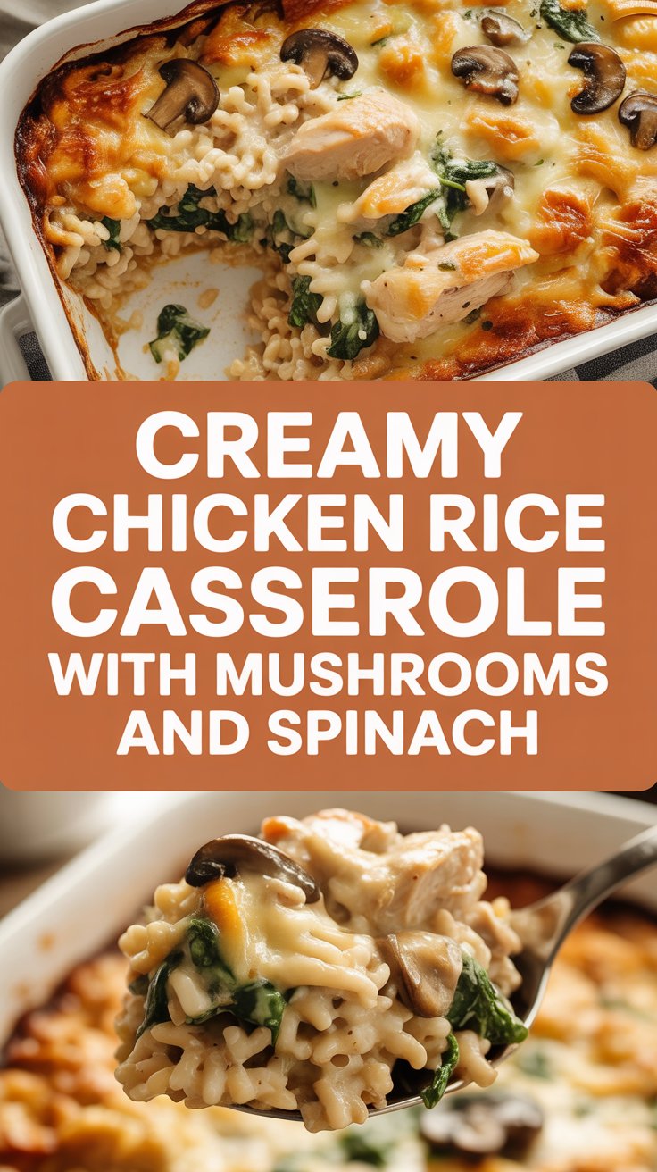 Creamy Chicken Rice Casserole with Mushrooms and Spinach
