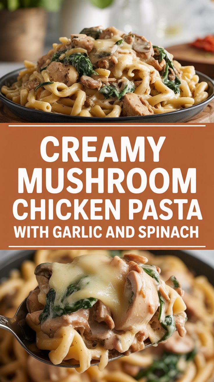 Creamy Mushroom Chicken Pasta with Garlic and Spinach