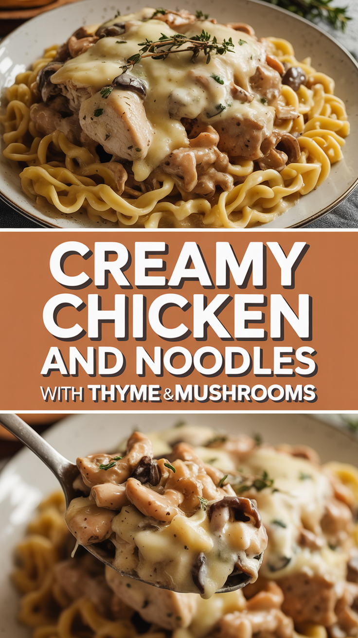 Creamy chicken and noodles with thyme and mushrooms