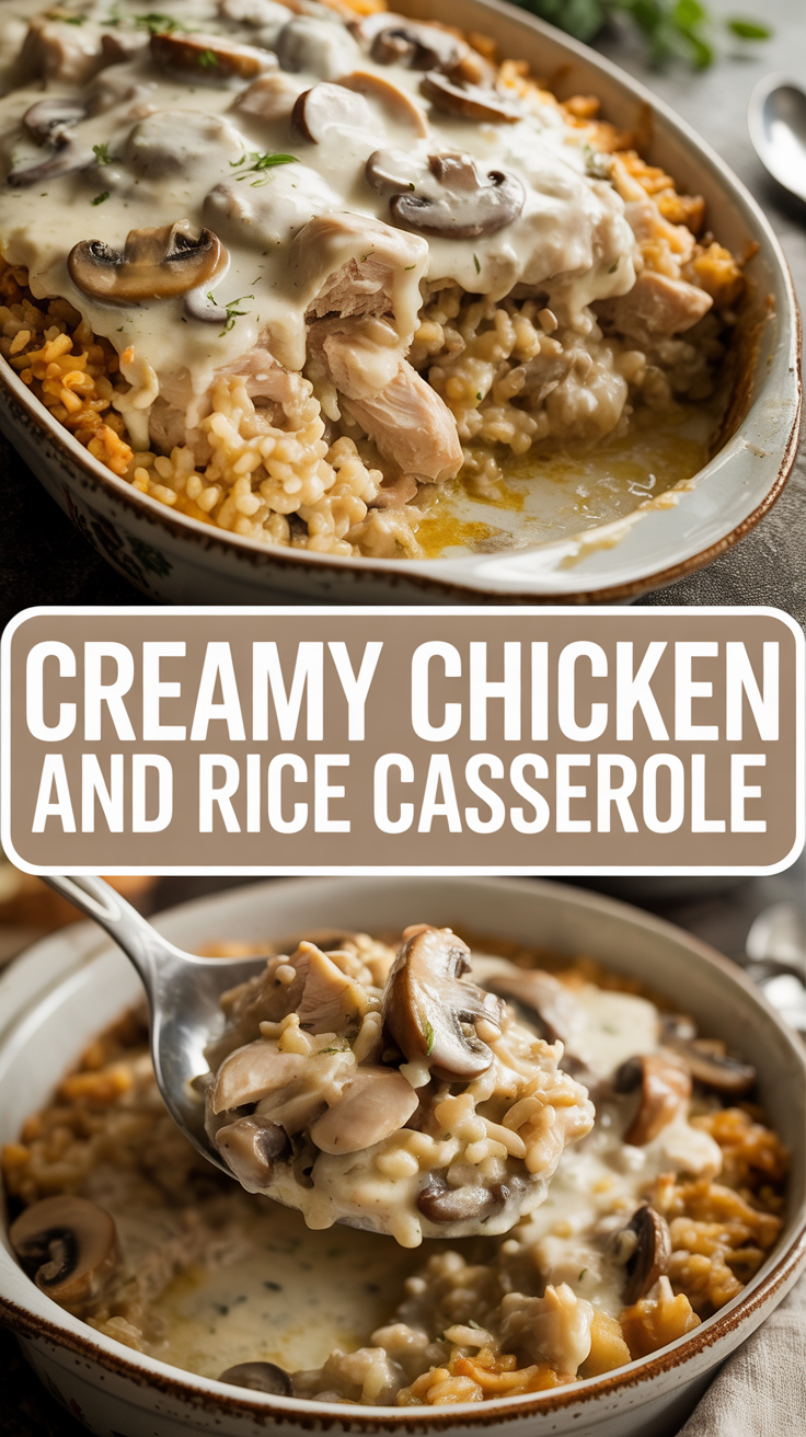 Creamy chicken and rice casserole with mushrooms